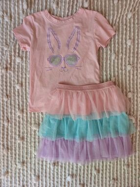 Girls Pink Bunny Tee and Tiered Tulle Skirt Set-size 6-6x